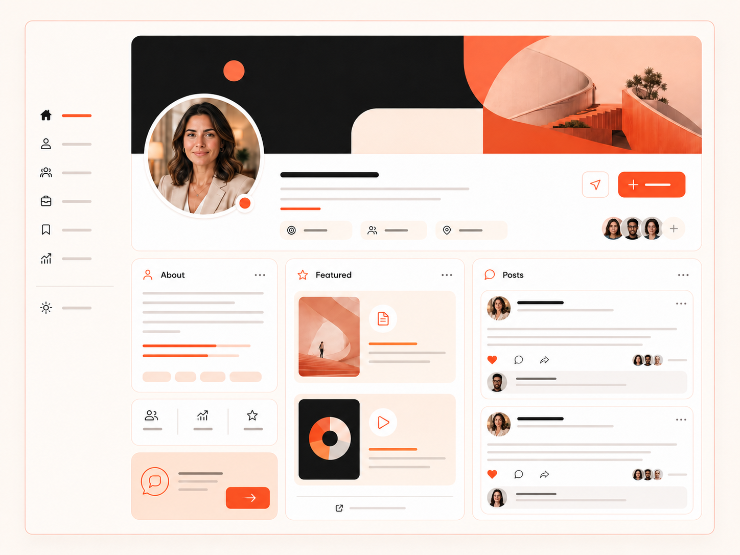 An optimised professional profile with a photograph, banner, About section, featured resources, posts and comments